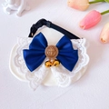Close-up of navy blue lace bow tie pet collar with anchor button and small gold bells - XS / Dark Blue