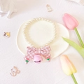 Detail of pet pearl necklace with pink plaid bow and tulip embroidery plus metal bell - Pink Bell Pink Plaid