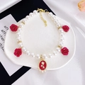 Luxury pet necklace with white pearls, red roses, and gold charms for small dogs - XS / Red Rose Necklace