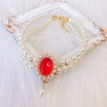 Double-layer pearl pet necklace with a large oval red gemstone and drop pearl pendant - Size XS / Red Faux Gemstone