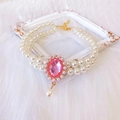 Double-layer pearl pet necklace with pink gemstone pendant and golden lobster clasp - Size XS / Pink Faux Gemstone