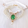 Double-layer pearl pet collar with large green emerald gemstone pendant for dogs and cats - Size XS / Green Imitation Gemstone