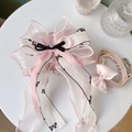 Detail of pink organza dog harness with double-color bow and matching leash on table - Small / New Chinese Style Pink Ribbon