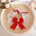 Lace pet collar with red satin bow, vintage pearl ornament, and floral patterns - S / Red