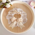 Elegant beige pet lace collar with satin bow and pearl rhinestone accents - Beige