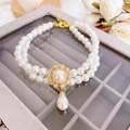 Luxurious double-layer pet pearl necklace with a floral crystal pendant and waterdrop charm - XS Size (0.5-1.5kg) / Rhinestone Round Pendant