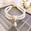 Double-layer pearl pet necklace with a heart-shaped rhinestone pendant and gold clasp - XS Size (0.5-1.5kg) / Rhinestone Heart Pendant