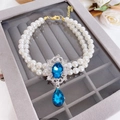 Double-layer pearl necklace for pets with luxury deep blue oval and teardrop gems - XS Size (0.5-1.5kg) / Heart of the Ocean