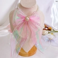 Rosa Organza-Schleife Haustier-Halskette mit Perlenimitaten und goldener Perle - XS / Phantomrosa