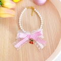 Collar de perlas ajustable para mascotas con lazo de cuadros rosa y cereza - Talla XS (0,5-1,5 kg) / Cuadros Rosa Lazo Blanco