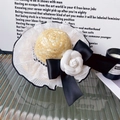 Sombrero de paja vintage para mascotas con lazo negro y flor de camelia blanca - S / Sombrero de Paja Camelia Blanca