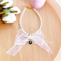 Collar de perlas ajustable con lazo de encaje blanco y colgante de rosa para mascotas - Talla XS (0,5-1,5 kg) / Lunares Lazo Blanco