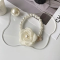 Elegant pet pearl necklace with camellia flower and winged heart charm for cats - XS / Beige Pearl Flower