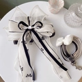 Adjustable pet harness and leash set with white organza bow and pearl accents - New Chinese Style Black Ribbon