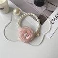 Pink fabric flower pet pearl necklace with white heart and gold feather wing charm - XS / Pink Pearl Flower