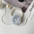 Elegant pet pearl necklace with a light blue camellia flower and gold charm detail - XS / Blue Artificial Pearl Flower