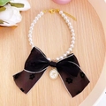 Adjustable pearl pet collar with a large black lace bow and golden flower pendant - Black Bow