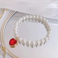 Elegante collar de perlas para mascotas con colgante de corazón rojo sobre seda - Talla XS (0,5-1,5 kg) / Corazón Rojo