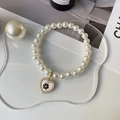 Elegant pet heart necklace with faux pearls and black camellia pendant charm in gold - XS / Chanel Style White Heart