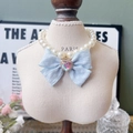 Japanese style pet pearl necklace with light blue bow and heart crystal charm - XS / Blue