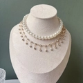 Double-layer pet necklace with white pearls and sparkling rhinestone tassels on gold chain - XS / Silver Rhinestone Tassel Pearl Necklace
