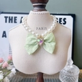 Japanese style pearl pet necklace with a light green bow and heart crystal pendant - XS / Green