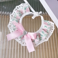 Pink floral pet bandana with white lace, large satin bow, and heart rhinestone buckle - S / Pink Bowknot
