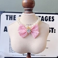 Japanese style pet pearl necklace with a sweet pink bow and heart gemstone pendant - L / Pink