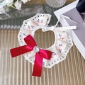Floral pet bib with cherry pattern, white lace trim and red satin bow with heart rhinestone - S / Red Bow