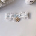 Lolita halsband voor huisdieren met wit kant, lichtblauwe strik en hartvormige parel - XS / Lichtblauw Kant Strik