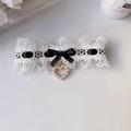Sweet Lolita pet collar with white lace, black ribbon bow and pearl heart pendant - White Lace with Black Bow