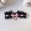 Lolita style black lace pet collar with pink bow and pearl heart pendant - Black Lace with Pink Bow
