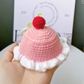 Handmade pink crochet pet birthday hat with cherry detail and white wavy brim - One Size / Cherry Cream Cake Style