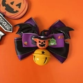 Halloween pet bow collar with purple ribbons, bat wings and a yellow star bell - Purple Bow With Pumpkin Hat / XS