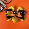 Halloween pet collar featuring yellow-black ribbons, bat wings and a yellow bell ornament - Yellow Bow With Cat Pumpkin / XS