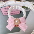 Pink plaid bow pearl collar with vintage rhinestone metal pendant for cats and small dogs - XS / Pink Gingham with Bow