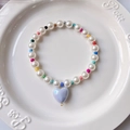 Collar de mascota con corazón de dopamina con perlas blancas y colgante lavanda - XS / Corazón azul