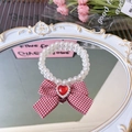 Collar de perlas para mascotas con lazo de cuadros rojo y blanco y una gema - L / Lazo de Cuadros