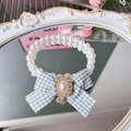 Elegant white pearl pet collar featuring a green plaid bow and vintage jewel pendant - XS / Green Plaid Bow