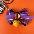 Halloween pet bow collar with demon eye, purple ribbon, bat wings and a yellow bell - Purple Bow With Eye Decoration / XS