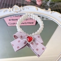 Elegant pet pearl necklace with pink striped bow and red heart gemstone decoration - Light Pink Bowknot