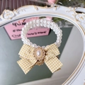 Cat pearl collar with yellow plaid bow and vintage jewel on a reflective surface - XS / Yellow Gingham with Bow