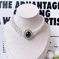 Double-layer white pearl pet necklace with emerald green gemstone and rhinestone pendant - XS / Emerald Green