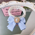 Blue plaid bow pet pearl necklace with a vintage oval pendant for cats and dogs - XS / Blue Plaid Bow