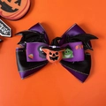 Halloween pet bow clip with purple ribbons, black bat wings and resin pumpkin head - Purple Bow With Pumpkin Hat (No Bell)