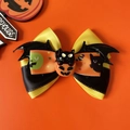 Halloween pet bow tie featuring pumpkin cat resin charm and layered black orange ribbons - Yellow Bow With Cat Pumpkin (No Bell)