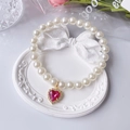 Pink heart crystal pet pearl necklace with rhinestone trim and gold finish hardware - Raspberry Red