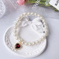 Elegant pet necklace with white pearls and a sparkling red heart pendant for dogs or cats - Cherry Red