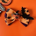 Halloween bow hair clip with orange purple ribbons and a pumpkin wizard center piece - Orange Bow With Pumpkin Hat (No Bell)