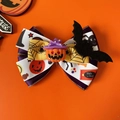 Halloween pet bow collar with purple ribbon, bat accent, and pumpkin resin charm - White Bow With Pumpkin Hat (No Bell)